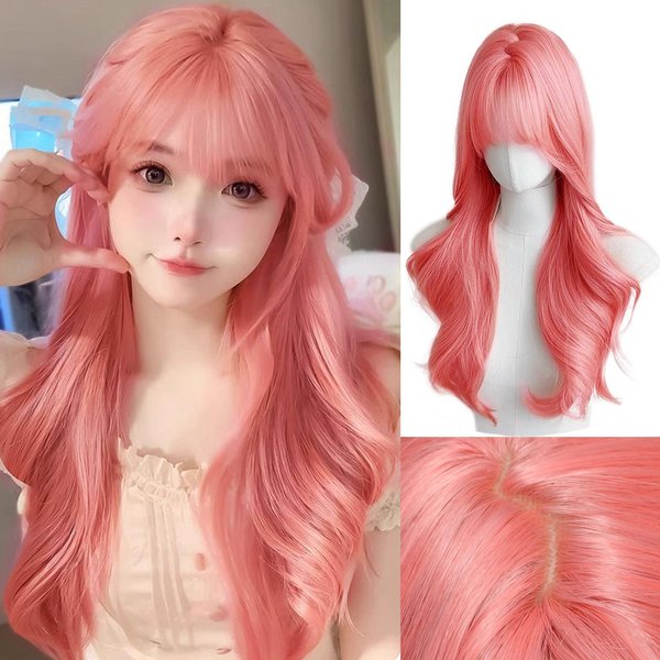 Xiyue PomarańCzowo-RóżOwa Peruka DłUgie Falowane Syntetyczne Peruki ŚRodkowe PrzedziałEk Naturalna Fala Peruka Odporna Na CiepłO Cosplay Impreza Codzienna Peruka Do WłOsóW Dla White-image