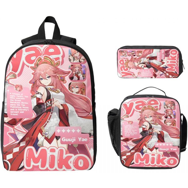 Zestaw 3 Szt. PlecakóW Yae Miko Genshin Impact Dla DziewcząT I ChłOpcóW, PióRniki, Zestawy TornistróW Z Pojemnikiem Na Lunch Dla UcznióW, Plecak Pink-image