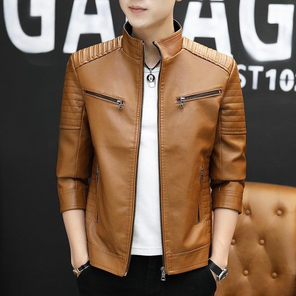 MęSka Kurtka SkóRzana StóJka Kurtka MęSka Wersja KoreańSka Dopasowana Trend Lokomotywa Kurtka Ze SkóRy PU 4XL Brown-image