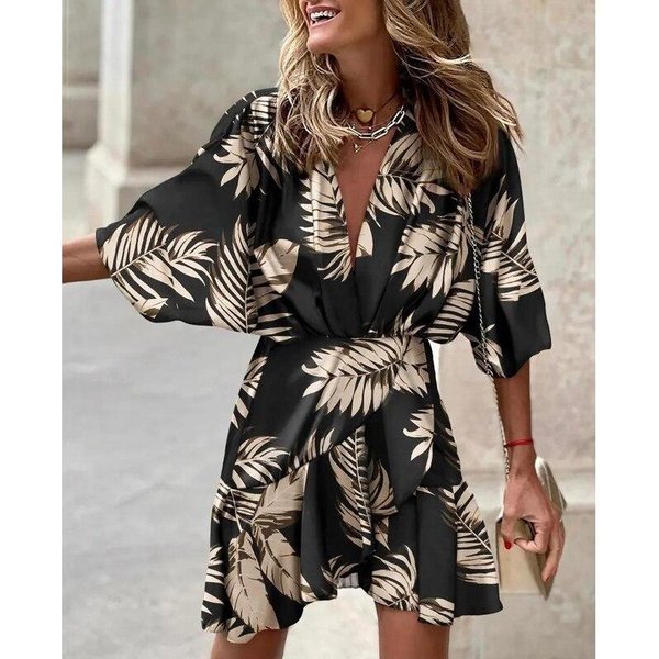 Lato Drukowana KróTka Sukienka Dekolt W Serek Moda Kolorowe Kobiety RęKaw W KształCie SkrzydłA Nietoperza Hem Nieregularne Sukienki W Stylu Boho Wakacje LuźNa Odzież 26525 S Black-image
