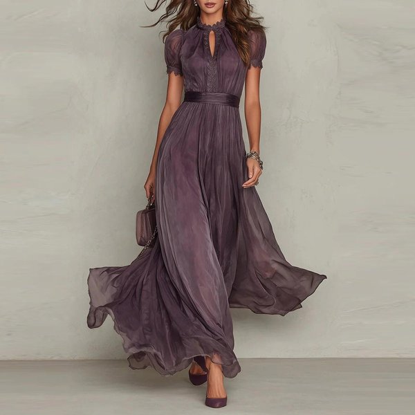 Vestido Largo De Gasa Con Cuello Alto Y Ribete De Encaje Para Mujer, Mangas Cortas Abullonadas, Abertura Frontal, Cintura Plisada, Dobladillo Fluido, Elegante Vestido Largo XL-image
