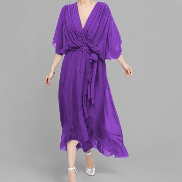 Nueva Ropa Para Mujer Elegante Y A La Moda Vestido Largo De Color SóLido Con Mangas MurciéLago Para Mujer L PúRpura-image