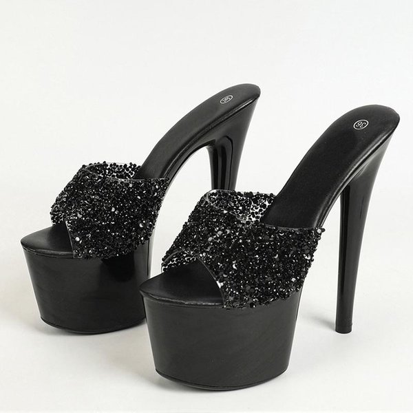 Liyke Czarne Czerwone Wysokie Obcasy Platforma Klapki Kobiety Lato Moda Cekinowe PVC Przezroczyste SandałY Seksowne Peep Toe Buty Striptizerki 42 Czarny-image
