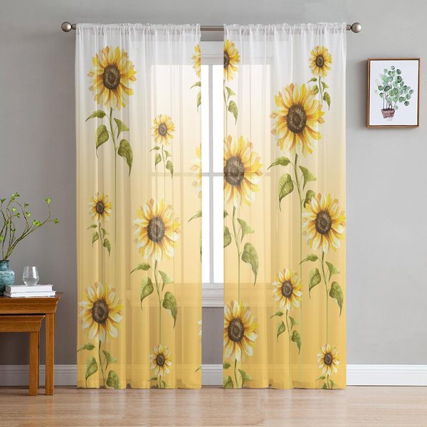 Cortinas Transparentes Degradadas Amarillo Girasol Acuarela Para DecoracióN De Sala De Estar Cortinas De Ventana Cocina Tul Cortinas Voile W135 X H115Cm X1-image
