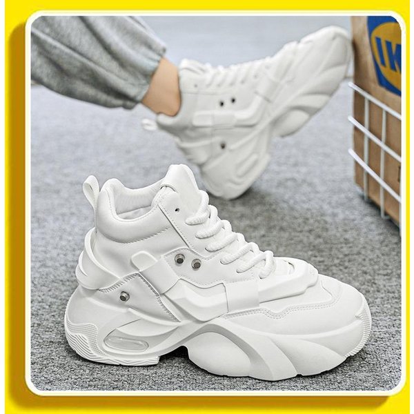 Buty Dla MężCzyzn Wysokiej JakośCi Trampki Na Platformie Modne Wysokie SkóRzane Sportowe Buty MęSkie Gruba Podeszwa Codzienne Buty 46 BiałY-image