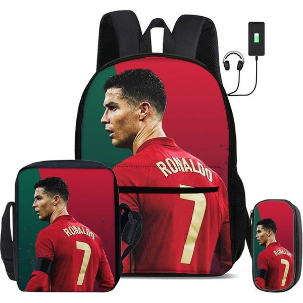 Ronaldo Juego De 3 Piezas Mochilas Escolares Mochila Con Interfaz USB CR Estrella De FúTbol Bolso De Hombro Deporte De FúTbol Estuche Para LáPices Mochila Para NiñOs-image