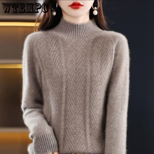 Czysty Sweter Z Kaszmiru, Sweter Damski, Jesień I Zima, PółWysoki KołNierz, Jednolity, Swobodny, DłUgi RęKaw, Dzianinowy Sweter Na Dole One Size Gray-image