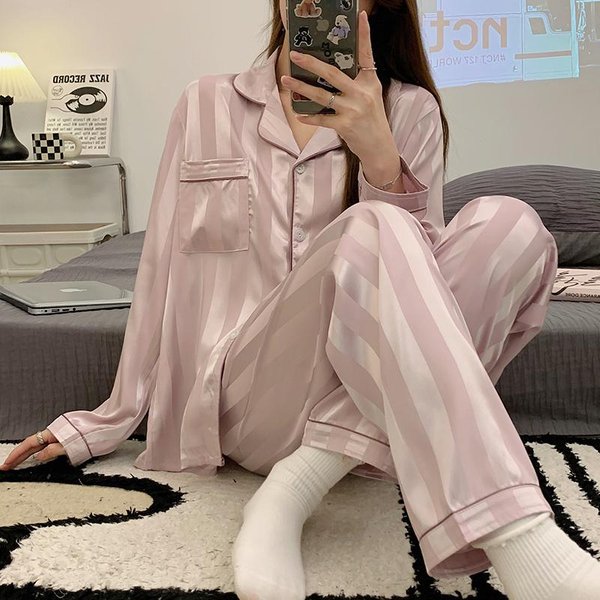 Conjunto De Pijama De 2 Piezas Primavera Verano Pijama De Manga Larga Ropa De Dormir De Seda SintéTica Estampado De Letras Casual Conjunto De Pijama De SatéN Para Parejas Traje M Gray-image