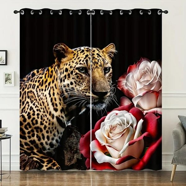 Animales Del Bosque Leopardo Estampado De Rosas Cortina De Alta Opacidad Cortinas Con Estampado De Moda Para Dormitorio Cocina Sala De Estar Hogar Nuevo W55 X H120Cm X 2&Grommet Top Brown-image