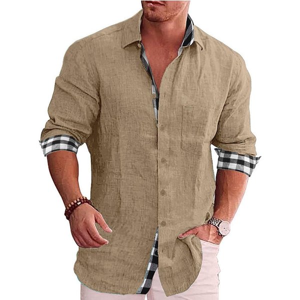Koszula MęSka Z DłUgim RęKawem, Swobodna, MęSka, BawełNiana, Lniana Koszula MęSka, Modna, MęSka, Nowe Topy 4XL Beige-image