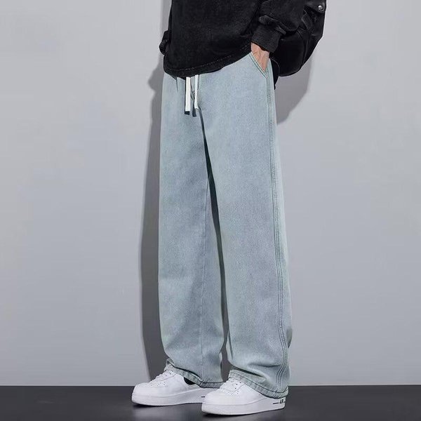 LuźNe Jeansy MęSkie Niebiesko Czarne Streetwear Elastyczny Pas Spodnie Y2K Moda Proste LuźNe Szerokie Jeansowe Spodnie 4XL Jasny Kolor Niebieski-image