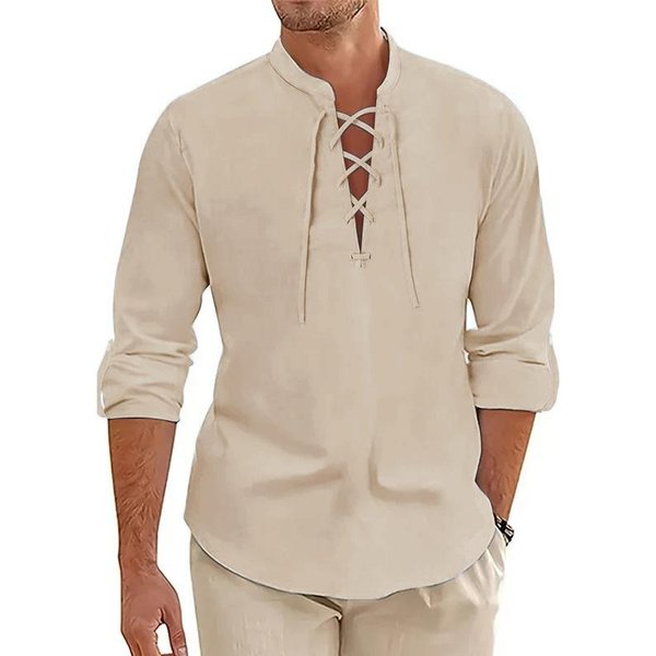 MęSka Koszula Vintage Z BawełNy I Lnu Sznurowana Casualowa Z DłUgim RęKawem Z KołNierzykiem Henley Jednolita OddychająCa Modna Streetwear S Beige-image