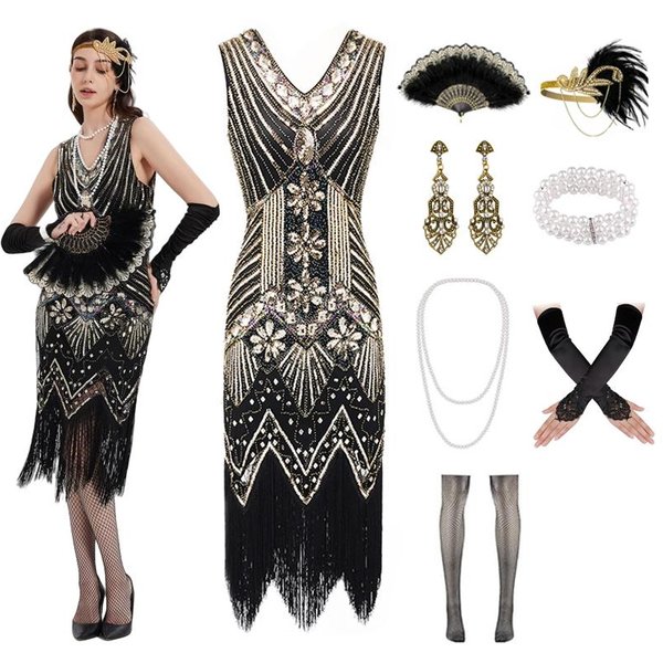 Sukienki Flapper Lata 20. Dla Kobiet Z FręDzlami I PłAtkami Sequin Sukienka Great Gatsby Dla Kobiet Z Akcesoriami Z Lat 20. Kostium Szalonych Lat 20. L-image