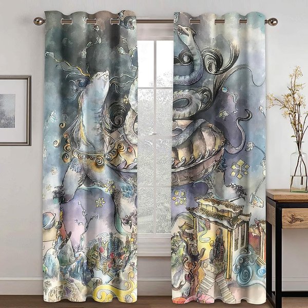 Tradycyjny ChińSki Mit WzóR Auspicious ZwierzęCia Auspicious ZasłOna Z Nadrukiem Cyfrowym 3D ZasłOna Do Salonu Sypialni Dwa Panele W50Xh130(Cm)X2Pcs&Hook Gray-image
