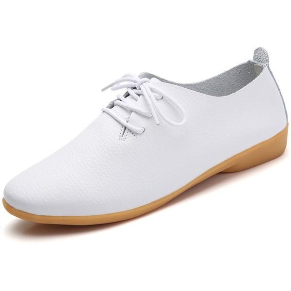 Nowe PłAskie Buty Damskie Oksfordki Baleriny Buty Z Prawdziwej SkóRy Mokasyny Sznurowane Loafersy Luksusowe Buty Damskie Zapatos De Mujer 39 BiałY-image