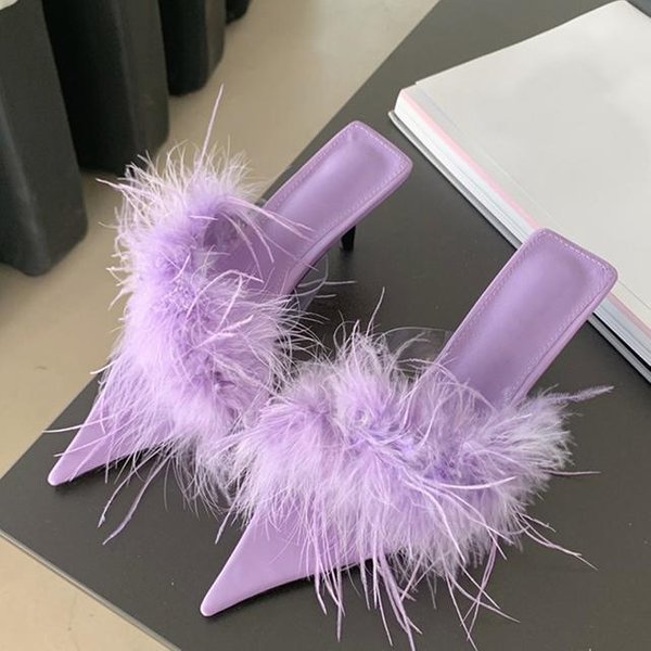 Liyke Fashion - Zapatillas De TacóN Bajo Y Fino Para Mujer, Zapatos Transparentes De Pvc, Sandalias De Verano Con Plumas Mullidas Moradas 38 Gray-image