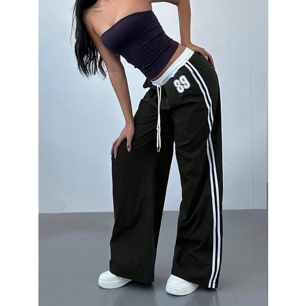 Pantalones Casuales Rayados De Empalme Nuevos De Primavera Y OtoñO Para Mujer, Holgados, Rectos, De CháNdal, Cintura Alta, CaíDa, Pierna Ancha L Gray-image