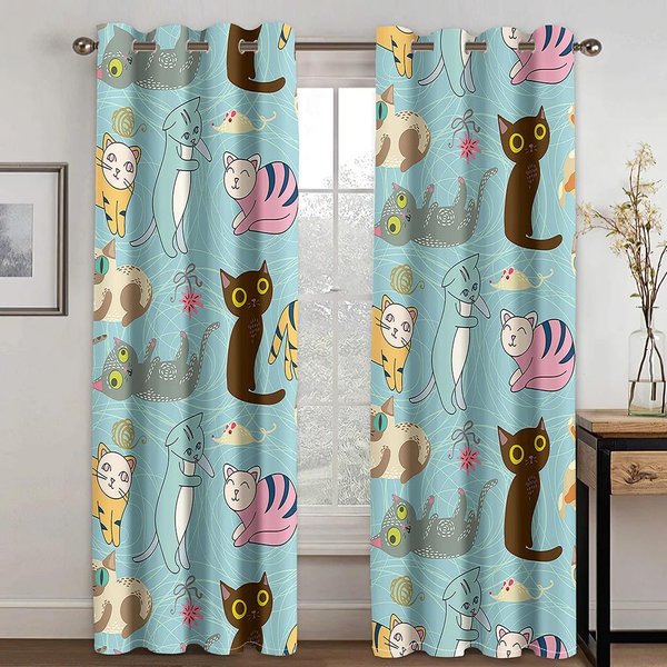 Cortina De Ventana 3D Moderna Linda De Dibujos Animados De Gato Para NiñOs Alto Sombreo Diferentes Estilos De Patrones De Dibujos Animados Dormitorio Sala De Estar Drapeado Opaco W55 X H120Cm X 2&Grommet Top-image