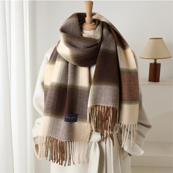 Luksusowy CiepłY Szalik Kaszmirowy Dla Kobiet Zimowy MęSki Szal Owijka Pashmina W Kratę Damska Bufanda Echarpe Foulard Szale 53X200 Cm Gray-image