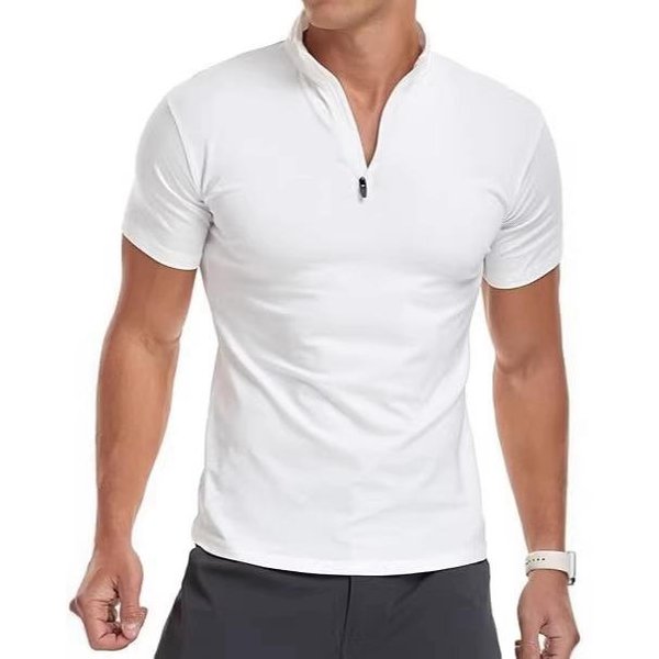 Camisa Polo De Manga Corta Con Cremallera Para Hombre Cuello Alto Corte Ajustado Top Casual Tejido Suave EláStico Camiseta Para Uso Diario XL White-image