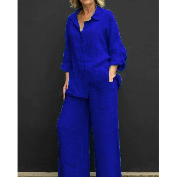 Lniany Zestaw DwuczęśCiowy Z Klapami Jesień Vintage Jednolity Kolor DłUgi RęKaw Koszula Zapinana Na Guziki Bluzka Kobiety Casual LuźNy Prosty Garnitur Spodnie L Blue-image