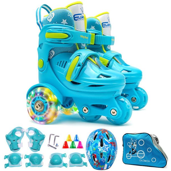 Zapatos De Patinaje Flash Para NiñOs, Conjunto De Zapatos De Patinaje Sobre Ruedas Para Principiantes, Patines Para NiñOs Con Rodilleras Y Coderas S Azul Claro-image