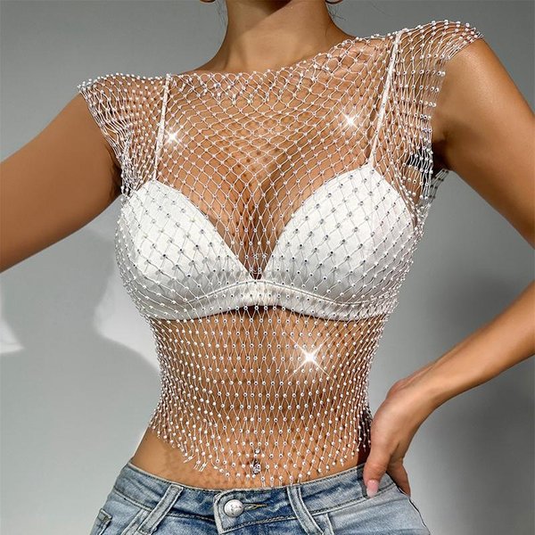 Top Sin Mangas De Red Brillante Con PedreríA sexy Para Mujer Y2K, Top Corto Transparente, Top De Playa De Verano, Ropa Para Mujer De Fiesta Y Discoteca M White-image