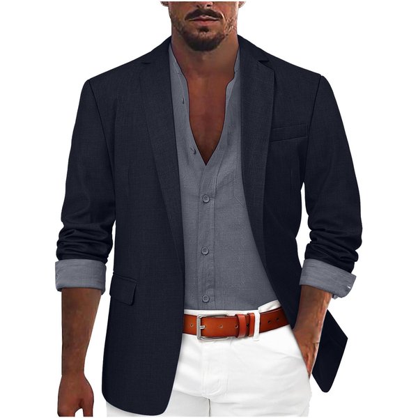 Chaqueta De Traje Casual Para Hombre En Mezcla De Lino Color Caqui Claro M Black-image