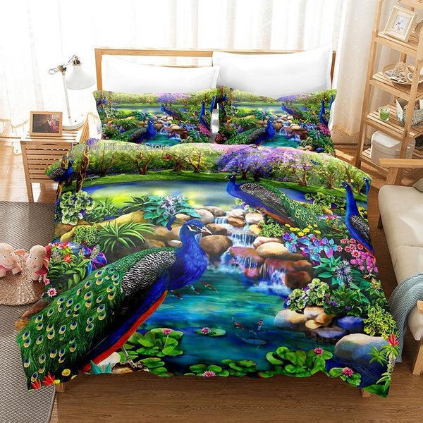 Animal Pavo Real 3D ColeccióN De Ropa De Cama Paisaje Funda NóRdica Colecciones Colcha Con Ropa De Cama Regalo Individual Doble Queen King TamañO Lujo Moda Verde EU Single(135X200Cm) Beige-image