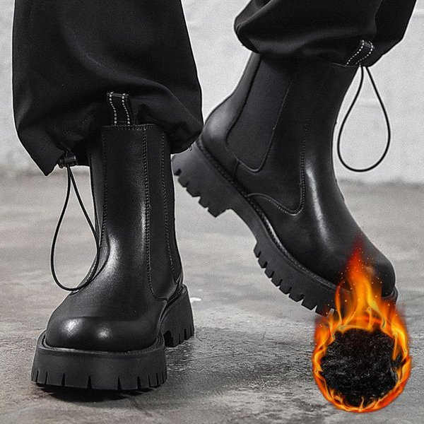 Nuevas Botas Altas De Cuero Casuales De Moda Para Hombre, Botas Chelsea Con Forro Polar Para OtoñO E Invierno, Botas De Cuero Para Hombre 44-image