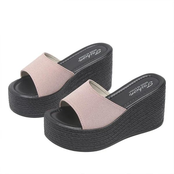 Damskie Platformy Kapcie PlażOwe Wysokie Obcasy SandałY Na Koturnie Letnie Buty Nowe Buty Damskie Grube Slajdy Seksowne CzółEnka Fad Klapki 42 Gray-image