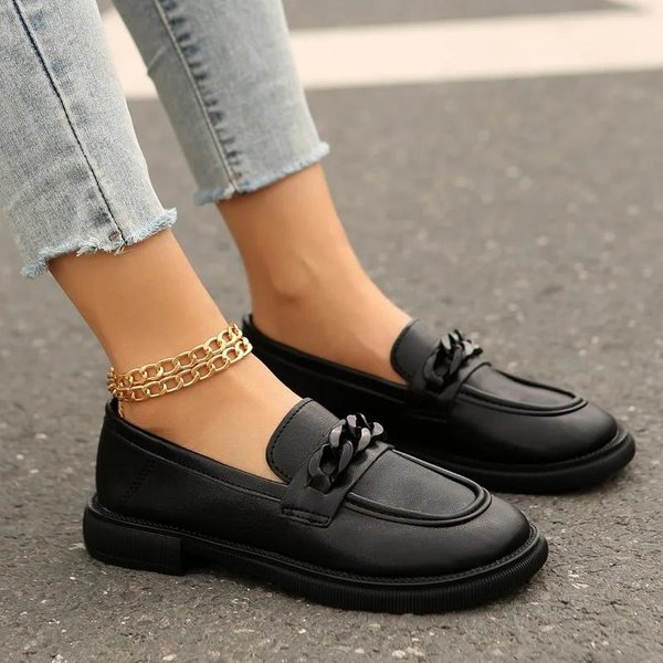 Zapatos De Mujer Mocasines Planos De Mujer Para Exteriores Oficina Y Carrera Planos De Mujer Punta Redonda Slip-On Lazo Cadena Zapatos Talla Grande Mujer 42 Brown-image