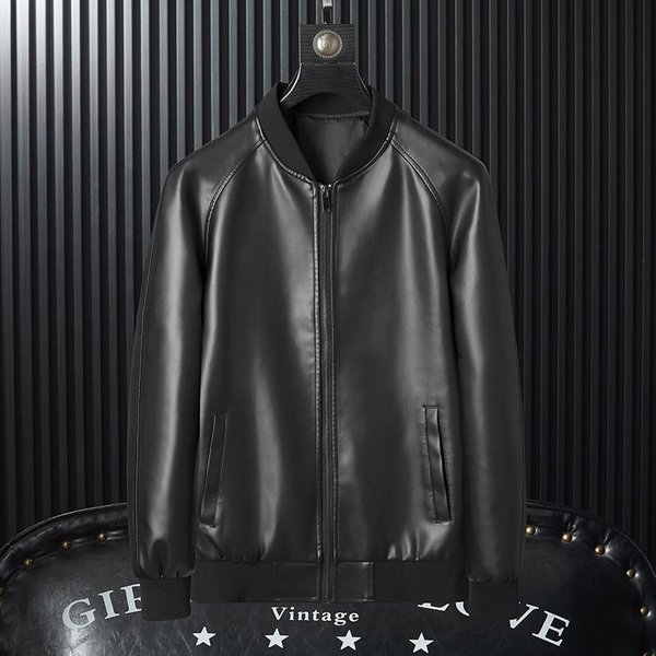 Chaqueta De Cuero Para Hombre Nueva Primavera Y OtoñO VersióN Coreana Ajustada Top Cuello BéIsbol Chaqueta Locomotora Chaqueta De Cuero PU 4XL-image
