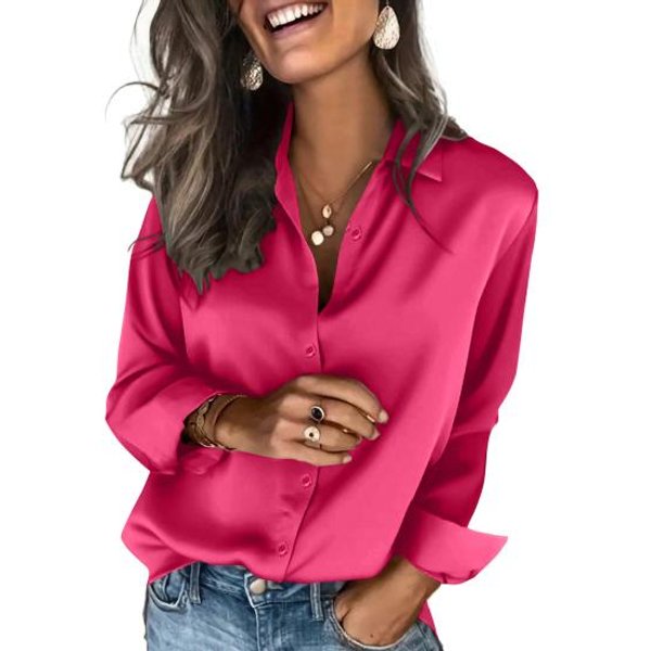 Camisa De SatéN Para Mujer Color SóLido Corte Holgado Camisa De Seda Artificial Solapa Manga Larga Botones Tapeta Tops Casual De Negocios Uso Diario L Rojo Rosa-image