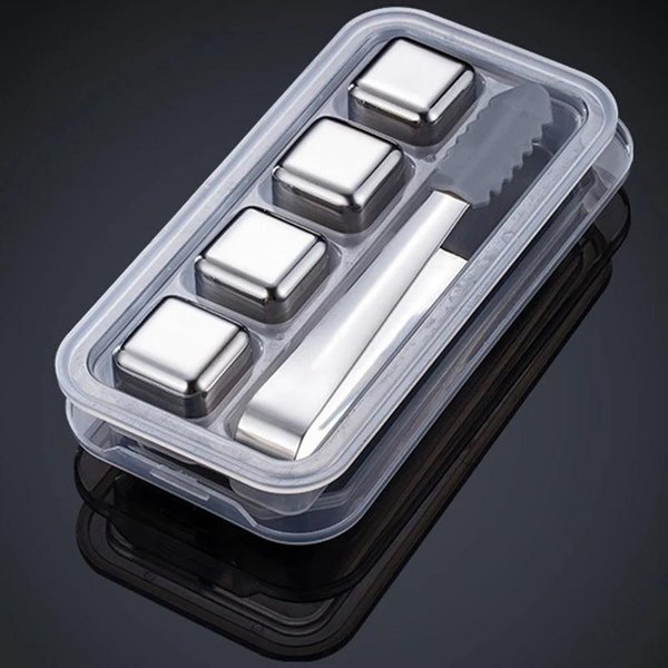 Juego De 4/6/8 Cubitos De Hielo De Acero Inoxidable De Grado Alimenticio Para Whisky Con Pinzas De Silicona Y Bandejas Para Cubitos De Hielo.-image