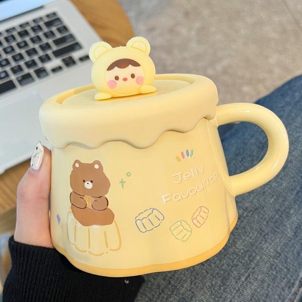 Kubek Z Pokrywką Kreatywny Kubek Ceramiczny Dla Pary Dla Dziewczyn O Wysokim WygląDzie SłOdki Domowy Kubek ŚNiadaniowy Do Mleka I Kawy 301-400Ml-image
