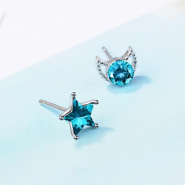Pendientes AsiméTricos De Plata De Ley 925 Con Forma De Estrella Azul Fresca Y PequeñA, JoyeríA Para Mujer White-image