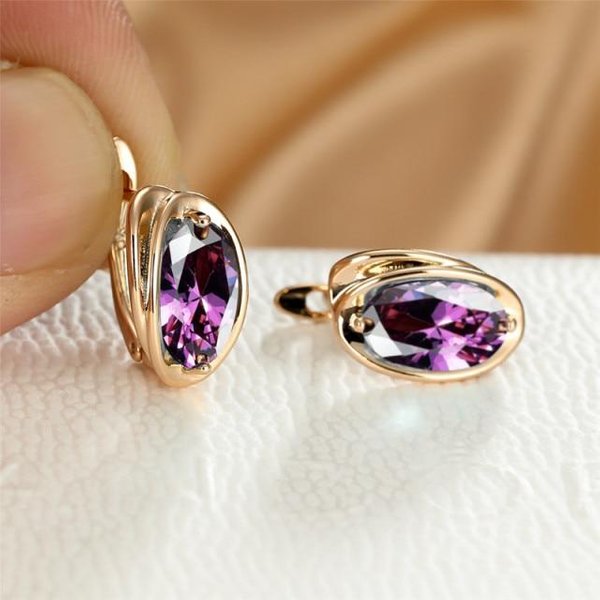 Pendientes De Moda Simple Con Piedra Ovalada ArcoíRis Pendientes De Boda Lindos Color Oro Para Mujer Pendientes De Aro De Cristal De Lujo Para Mujer PúRpura-image