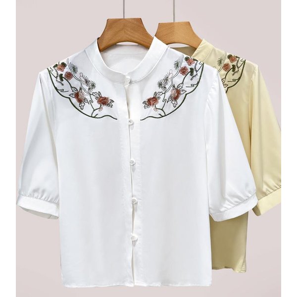 Camisa Bordada Para Mujer En Verano Nueva Camisa De Gasa De Manga Corta Con Cuello Alto Retro Para Mujer Top Holgado De Estilo Chino L-image