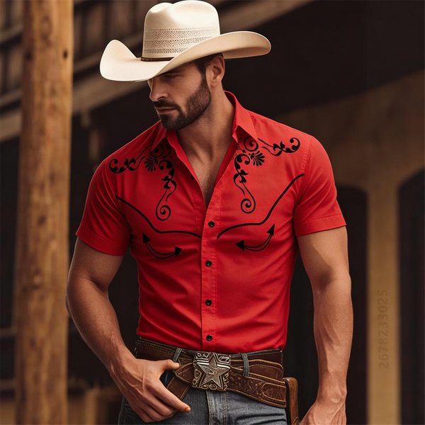 2026 Nowa MęSka Letnia Koszula Z KróTkim RęKawem W Stylu Western Cowboy, Retro Nadruk, Dopasowany KróJ, Casualowa Koszula Wakacyjna 5XL Red-image