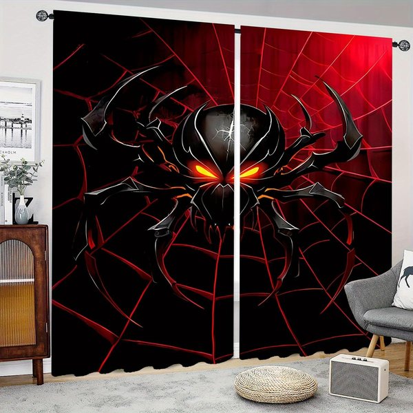 2 Cortinas Con Estampado Digital HD De TelarañA Roja Para DecoracióN Del Hogar, Sala De Estar, Dormitorio, Estudio, Oficina, DecoracióN Del Hogar 2X50W130H(Cm)&Hook-image
