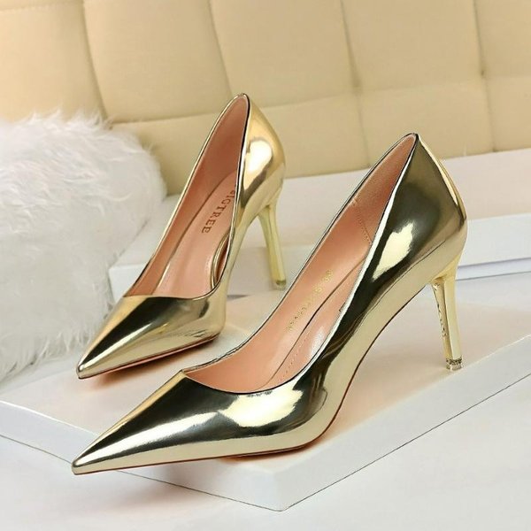 Damskie Szpilki Lakierowane Wysokie Obcasy Modne Damskie Buty ŚLubne Srebrne ZłOte BłYszcząCe Buty Szpilki 7.5Cm 10.5Cm Damskie Buty 38 Beige-image