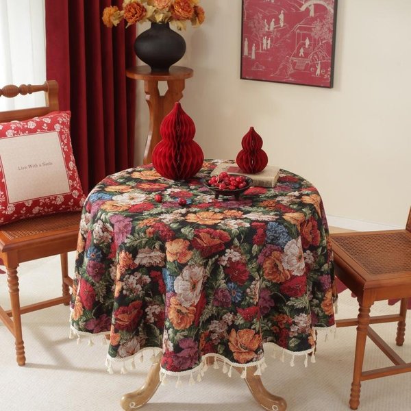 DecoracióN Del Hogar Mantel Redondo Jacquard Floral Pastoral Mantel Engrosado Con Borlas Cubierta Para Mesa De Fiesta Cocina Comedor 100Cm Round-image