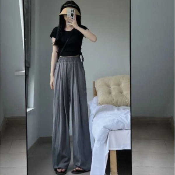 Pantalones Yamamoto Arrugados Perezosos De Seda Helada De Pierna Ancha Verano Nuevos Sueltos De Cintura Alta CaíDos Casuales Rectos Para Mujer XXL Gray-image