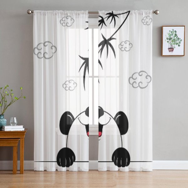 Cortinas Transparentes De Tul Con Dibujos De Panda Para Sala De Estar El Dormitorio Cortinas Decorativas Modernas De Gasa Voile Organza 135W X 114H(Cm) White-image