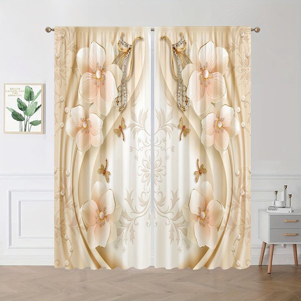 Luksusowe Diamentowe ZłOte Kwiatowe Eleganckie ZasłOny ŻAluzje Do Sypialni DziecięCej Salonu ŁAzienki Kuchni Drzwi Przedpokoju Dekoracja Domu W50 X H130(Cm)X2&Grommet Top Beige-image
