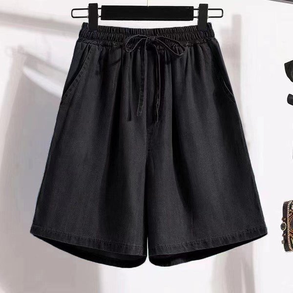 DżInsowe Spodenki Tenisowe Dla Kobiet Na Lato Nowe Cienkie Lodowy Jedwab Casualowe PięCiopunktowe LuźNe Szerokie Nogawki Wysoki Stan A-Line Spodnie 4XL Black-image
