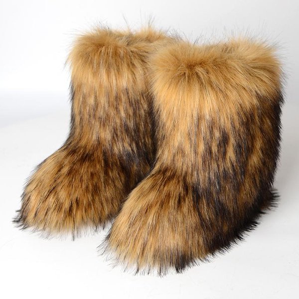 Botas De Piel SintéTica Para Mujer, Botas De Nieve De Media Pantorrilla CáLidas Y Esponjosas De Invierno, Botas Peludas De Moda, Zapatos Planos CóModos Para Exteriores 40-image