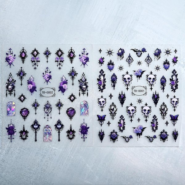 2 Szt. 3D Czarne Fioletowe Naklejki Na Paznokcie Halloween Gotycka Czaszka RóżA Motyl Kalkomanie Na Paznokcie Na Festiwal Ozdoba Paznokci Manicure Suwaki-image