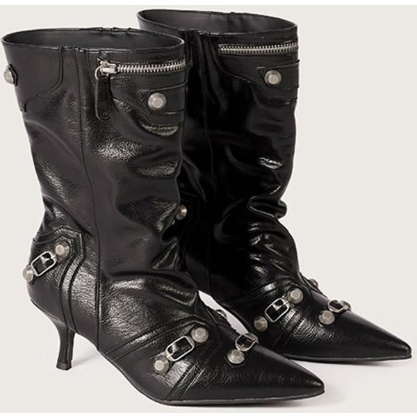 Moda Jesień Zima Moda SkóRa Lakierowana Nit Kobiety Do Kolan Obcasy Szpiczasty Nosek ŚRednie Obcasy Vintage Motocyklowe Punk DłUgie Buty Buty 40-image